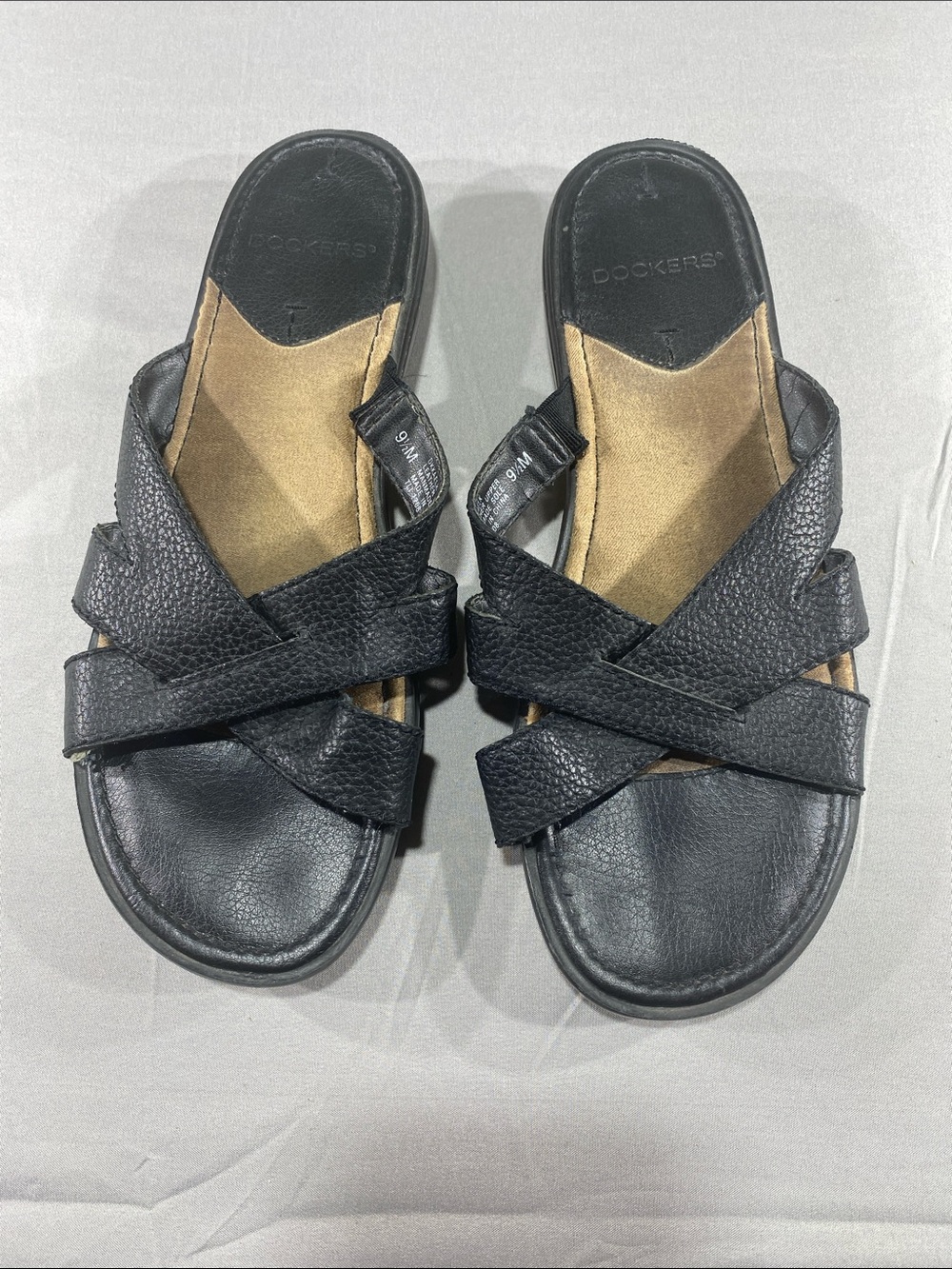 Dockers Black Crisscross Slide Sandals with Tan Footbed